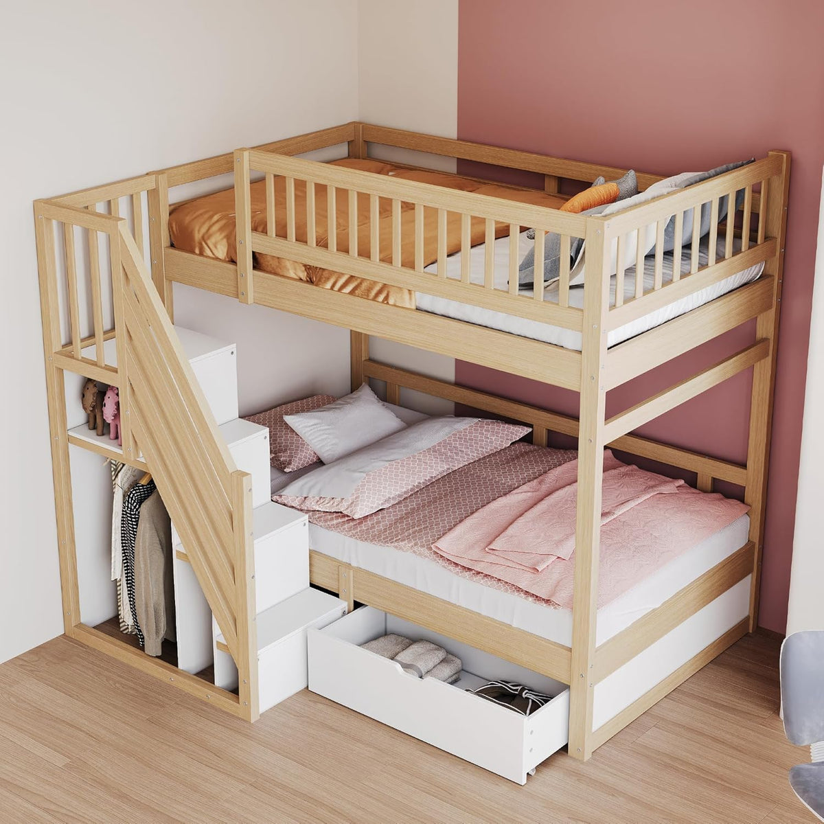 Litera 90x200 para 2 niños, cama alta infantil con escalera, armario de almacenamiento y cajón, cama funcional, litera, cama alta juvenil con 2 somieres, madera maciza, sin colchón, color madera