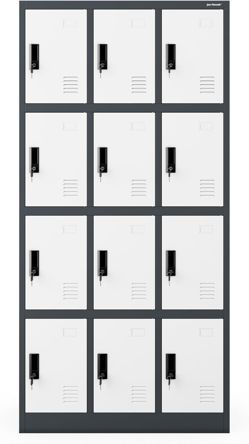 Jan Nowak Taquillero 3B4A Armario con 12 compartimentos Taquilla metálica Armario de vestuario Chapa de acero Recubrimiento en polvo Selección de color 185 cm x 90 cm x 40 cm (Al x An x Pr) (Antracita-Blanco)