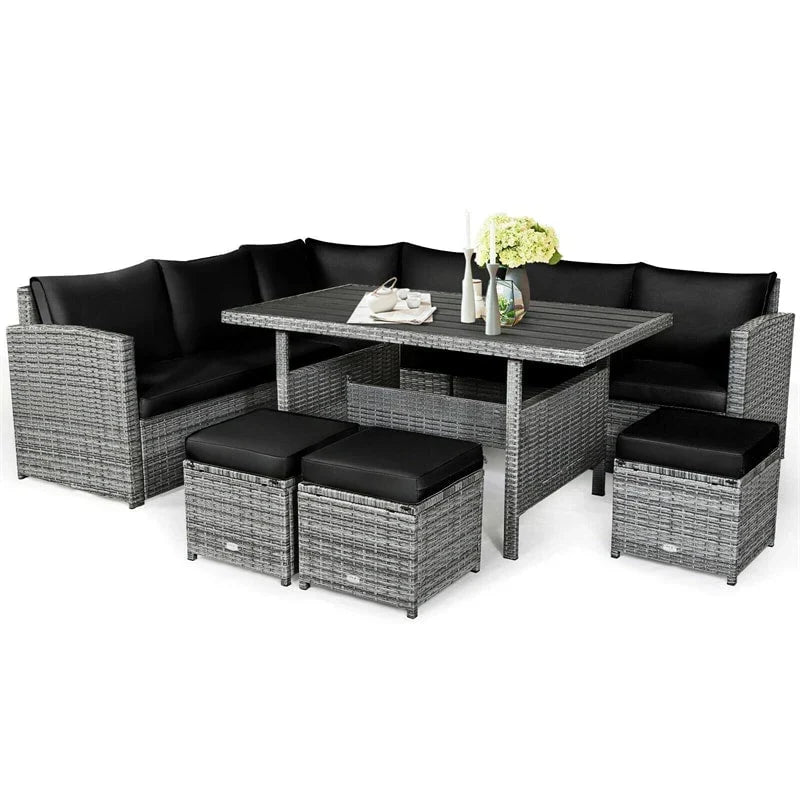 Conjunto de muebles de comedor para patio de 7 piezas de ratán con sofá seccional, mesa de comedor, otomanas y cojines