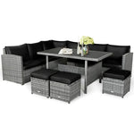 Conjunto de muebles de comedor para patio de 7 piezas de ratán con sofá seccional, mesa de comedor, otomanas y cojines