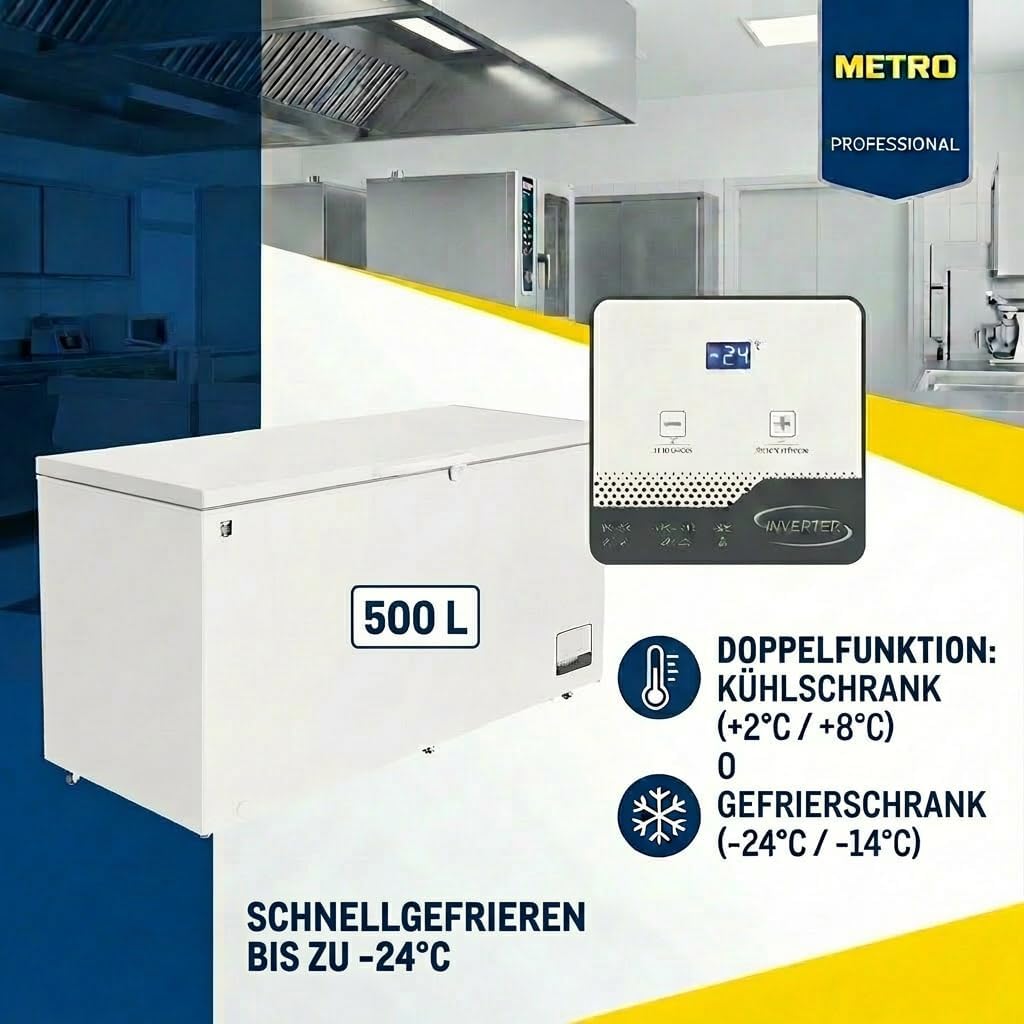METRO Professional Arcón congelador GHF2500, 500 L, 125 W, congelador horizontal, 2 cestas de almacenamiento, cerradura de puerta, alarma de temperatura, ruedas, blanco