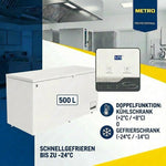 METRO Professional Arcón congelador GHF2500, 500 L, 125 W, congelador horizontal, 2 cestas de almacenamiento, cerradura de puerta, alarma de temperatura, ruedas, blanco