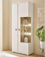Set de muebles de salón Lomadox de 4 piezas, color blanco y roble, estilo moderno: 1 vitrina, 1 armario alto, 1 mueble bajo, 1 estante de pared, incl. iluminación LED
