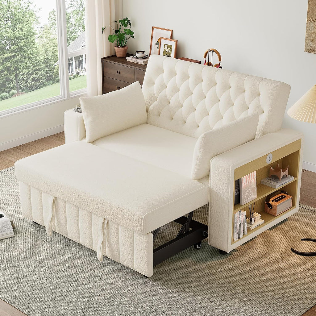 Sofá cama multifuncional 3 en 1 Merax con almacenamiento, USB y portavasos – Sofá cama de 2 plazas moderno y extensible para salón y habitación de invitados