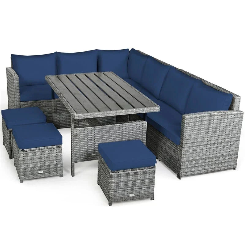 Conjunto de muebles de comedor para patio de 7 piezas de ratán con sofá seccional, mesa de comedor, otomanas y cojines