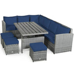 Conjunto de muebles de comedor para patio de 7 piezas de ratán con sofá seccional, mesa de comedor, otomanas y cojines