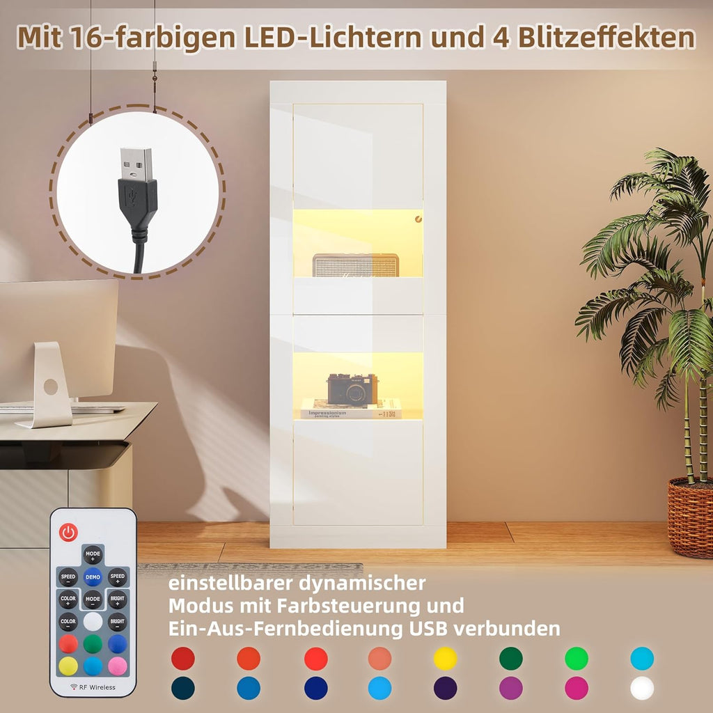 Vitrina Merax, vitrina de cristal, armario con iluminación LED, armario alto en blanco brillante con 2 estantes de cristal ajustables, vitrina para colecciones, estantería para salón, dormitorio, oficina, 161 cm
