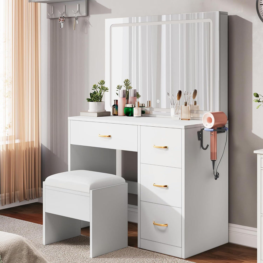 Tocador YITAHOME con espejo, mesa de maquillaje con 4 cajones, iluminación, toma de corriente, blanco (tocador, mesa de cosméticos)
