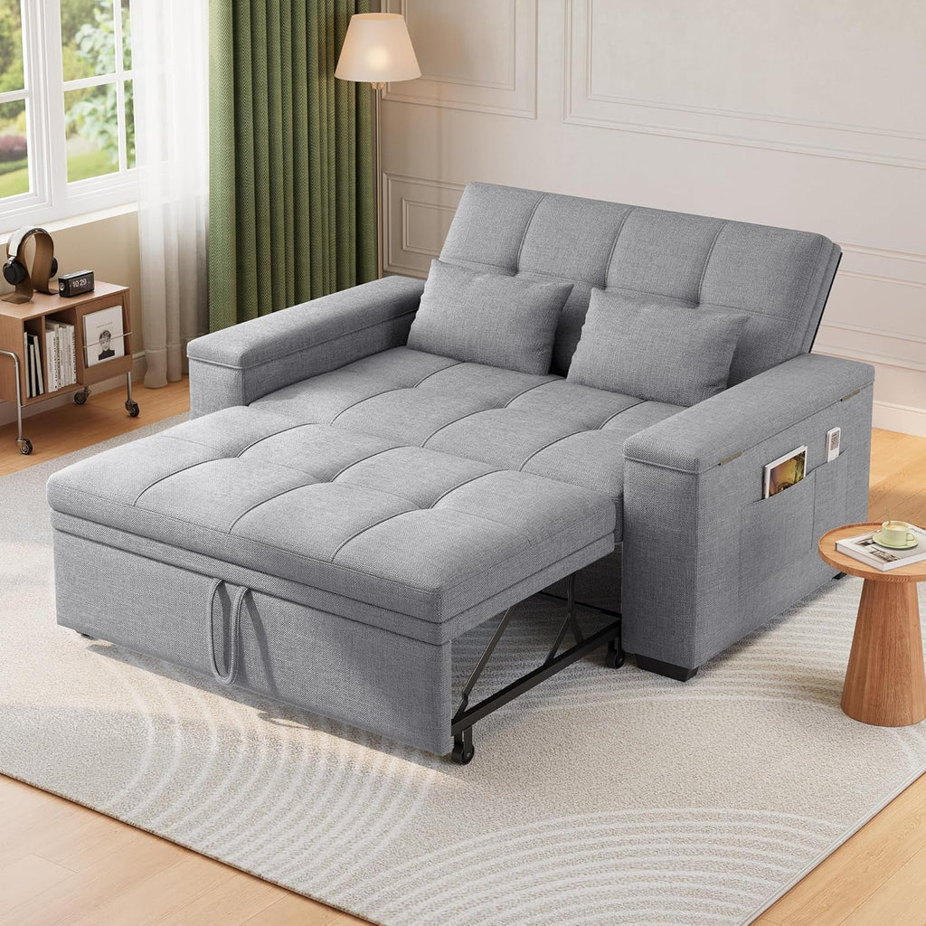 Sofá cama 3 en 1 Xbro, sofá de 2 plazas con función de cama, respaldo ajustable, tejido de lino con 2 cojines y bolsillos laterales, para salón, dormitorio u oficina, gris claro