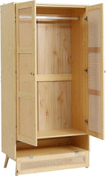 Armario Kebnor con barra, armario de 2 puertas, dormitorio, red de ratán, sala de estar, con tapa abatible inferior, aglomerado + ratán de polietileno, natural