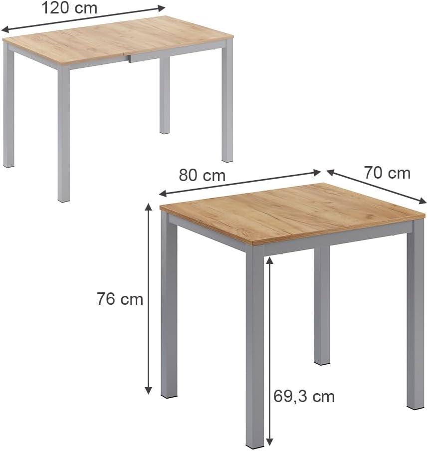 Vicco Esstisch Granny, Eiche/Grau, 120 x 70 cm ausziehbar, mit Ausziehfunktion für Variable Tischlängen