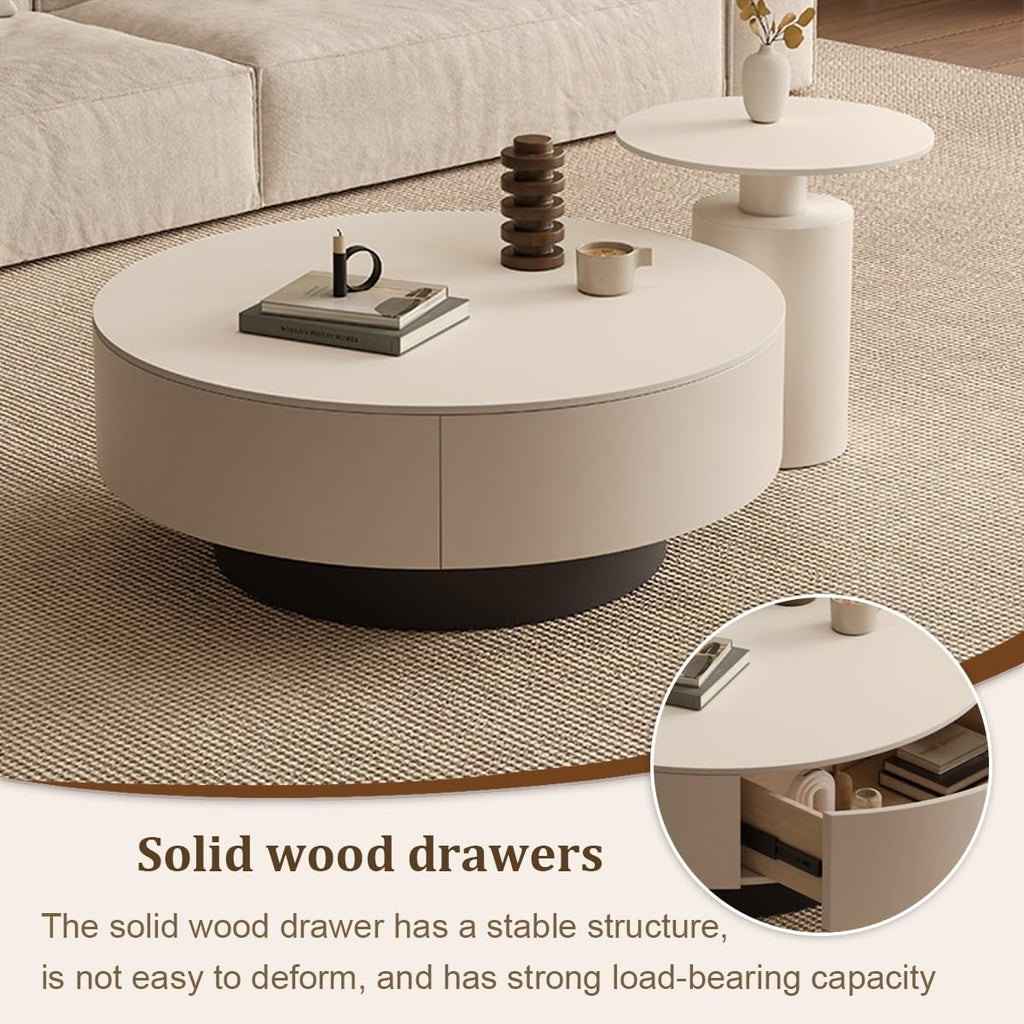 Couchtisch 2er Set Rund, wohnzimmer tisch für couch mit 2 Schubladen aus Massivholz, verdickte 12 mm Steinplatte, Nested Beistelltisch mit Schublade für Schlafzimmer, Home Office(Black+black,70cm)