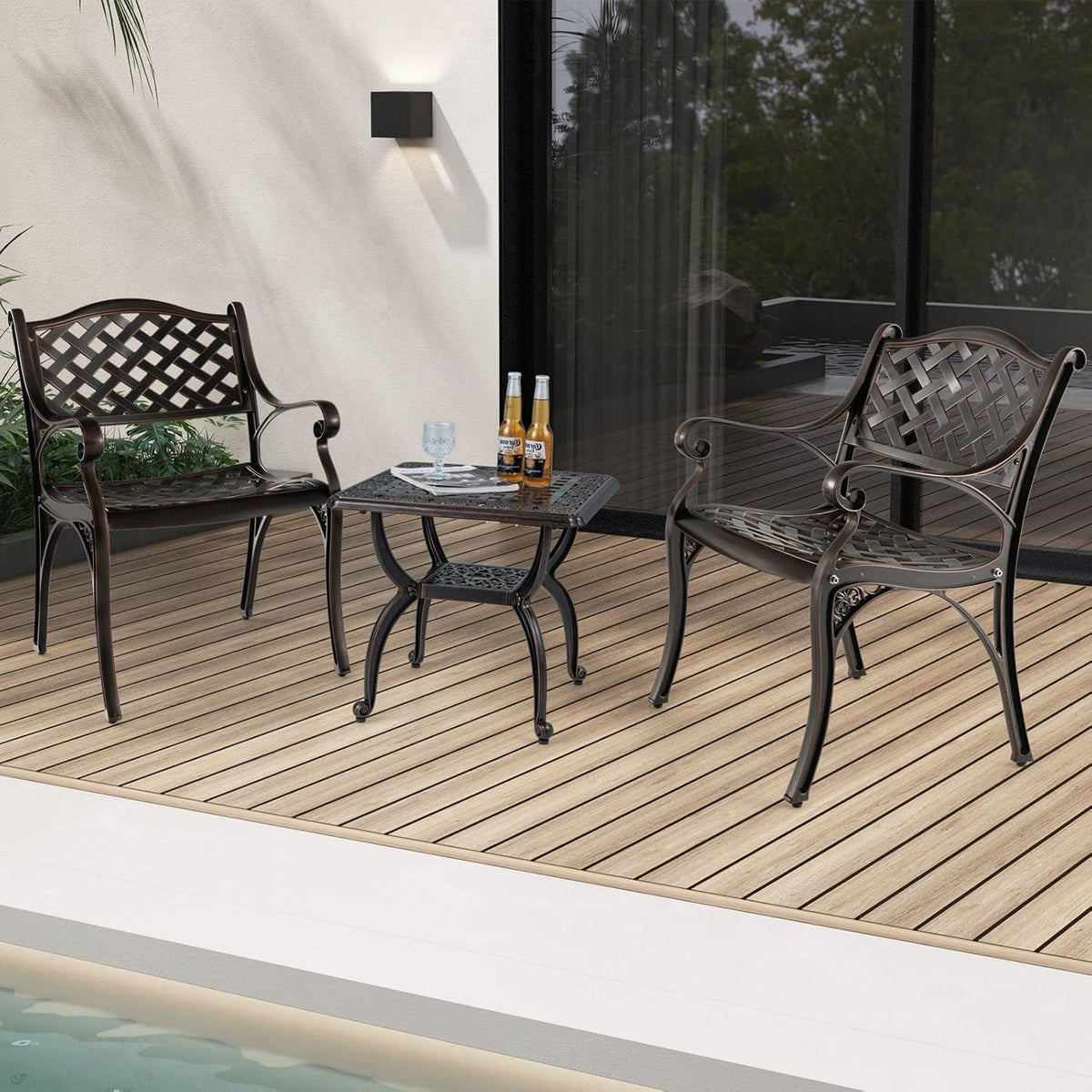 COSTWAY Juego de 2 sillas de jardín de aluminio fundido, sillas de terraza resistentes a la intemperie con reposabrazos, sillas de balcón para jardín, balcón, patio trasero
