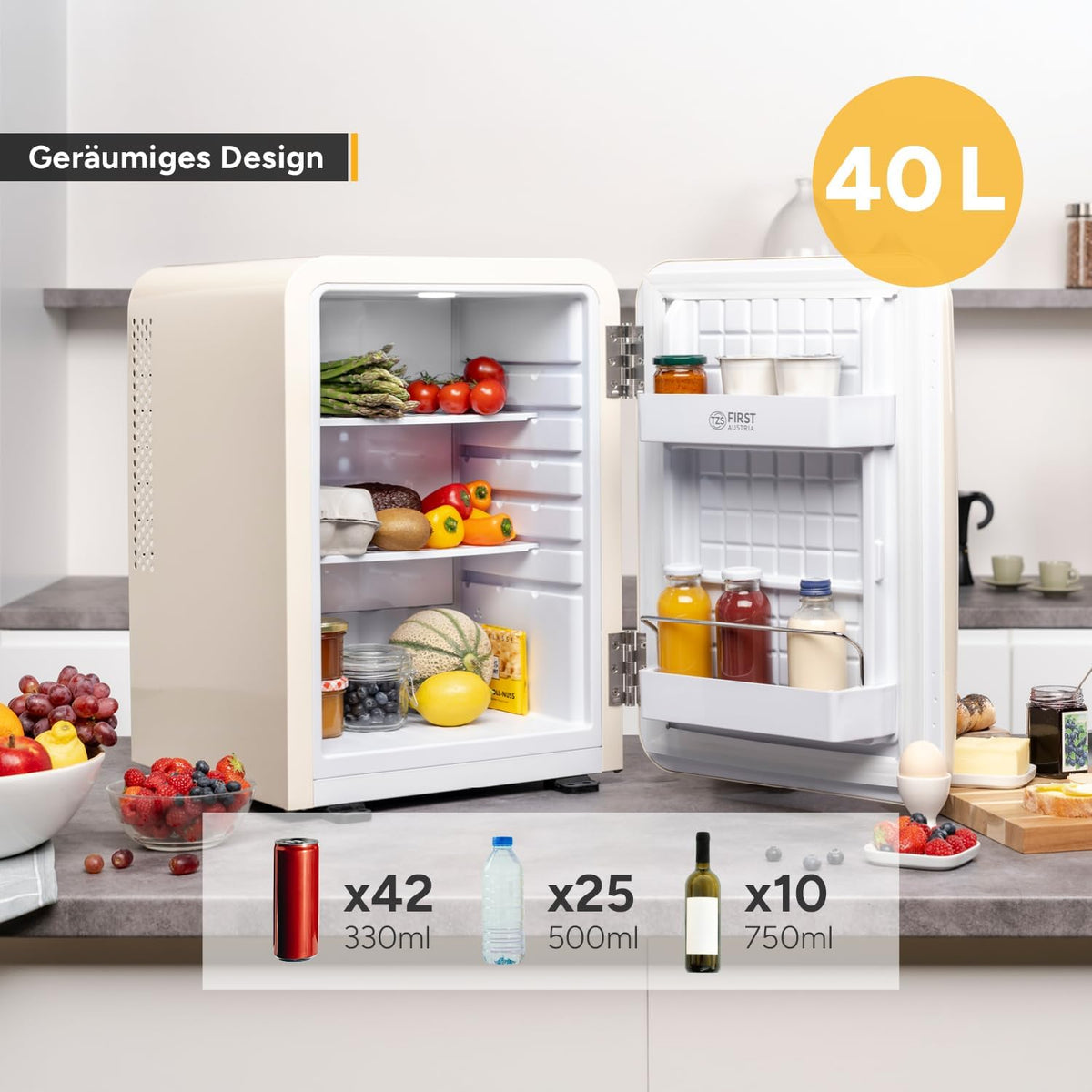 TZS First Austria - Mini refrigerador retro 40L - Silencioso - Minibar vintage para dormitorio y oficina - color crema