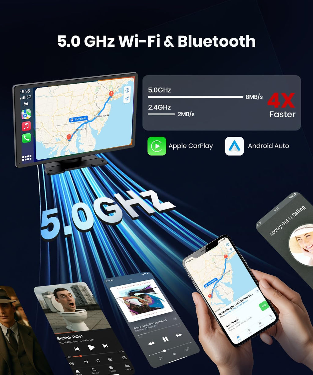 CarPlay Coche 9: Pantalla IPS HD brillante, visibilidad clara de día y de noche. Apple CarPlay y Android Auto inalámbricos, Bluetooth y WiFi 5GHz, navegación GPS, instalación fácil, cámara de marcha atrás (opcional)