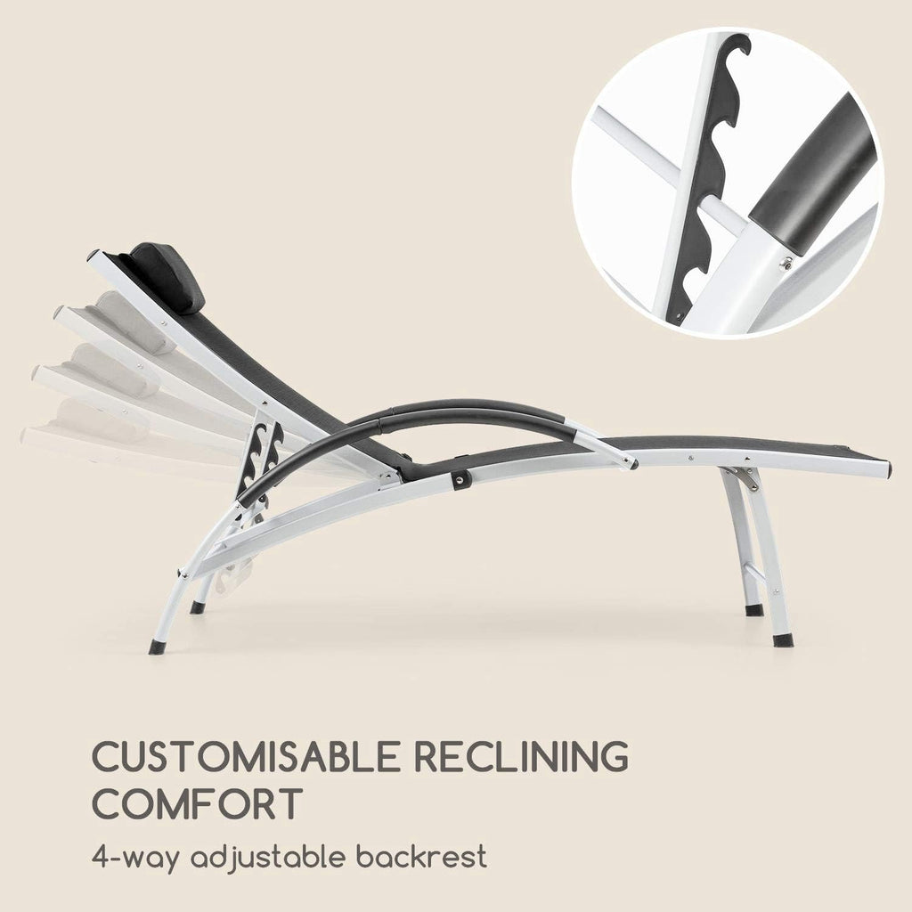 Blumfeldt Sun Valley - Sonnenliege mit Kopfkissen, zusammenklappbar, Gestell aus Aluminium, 4-Fach verstellbare Rückenlehne, Sun Comfort, Material: 70% PVC und 30% Polyester Comfort Mesh, schwarz