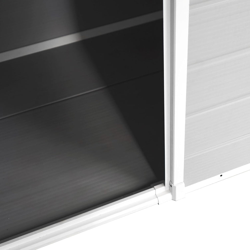 Wasabi - Caseta de resina para jardín Unit 1.4 – Ventana de luz natural - Suelo incluido - Paneles de 12 mm de espesor - Gris y blanco - Cobertizo de PVC para almacenaje exterior - 1,37 m² - Techo plano