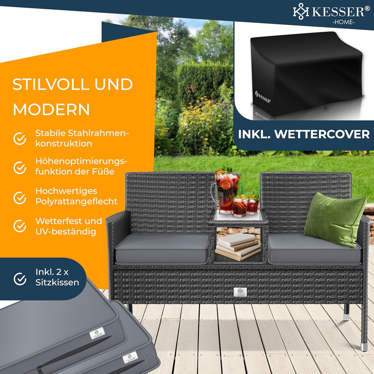 Banco de jardín KESSER® de ratán sintético con mesa, 2 plazas, 143x63x88cm, banco de jardín resistente a la intemperie, banco de exterior, banco de balcón con estante, mueble de jardín de ratán para jardín y balcón + cojines y funda, antracita