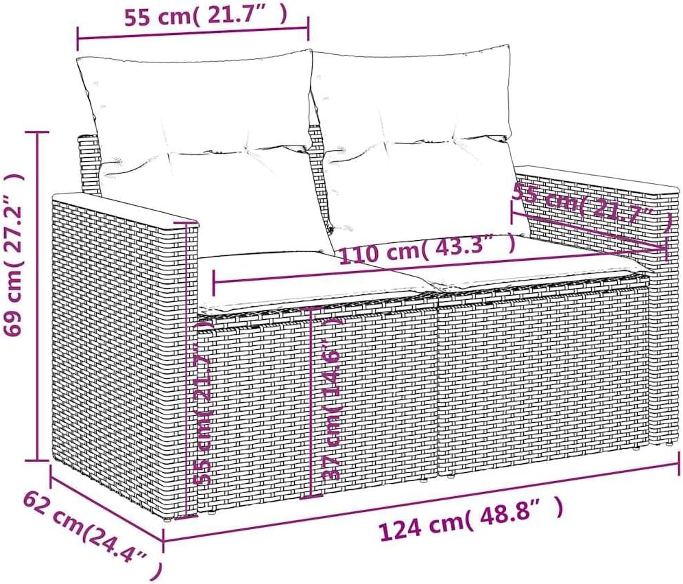Sofá de jardín vidaXL de 2 plazas con cojines, sofá con compartimento de almacenaje bajo el asiento, sofá de terraza con funda extraíble y lavable, juego de muebles de jardín, ratán sintético gris