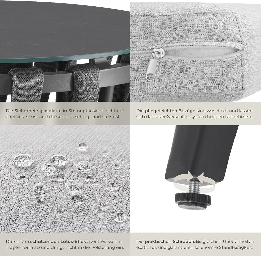 tectake® Gartenmöbel-Set Lugano Rope-Design, Aluminiumgestell, Tisch 2 Stühle, Dicke Sitzpolster, Gartenlounge, Loungemöbel, Gartensitzgruppe, Outdoor Lounge Set, Terrassenmöbel, Balkonmöbel