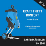 Güde Gartenhäcksler GH 2501 (2500 W, Messertechnik, wartungsarm, Selbsteinzug, Transporträder, Überlastsicherung, max. Astdicke 45 mm, inkl. Fangsack 45 L und Zuführhilfe)