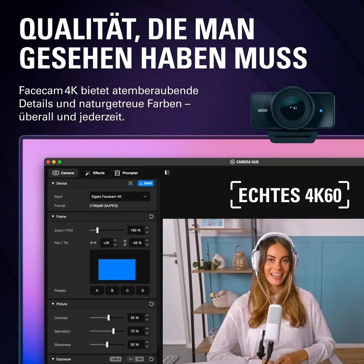 Elgato Facecam 4K, webcam de estudio 4K60, calidad similar a una réflex, sensor Sony STARVIS 2, filtro de lente de 49 mm, HDR sin compresión, USB-C