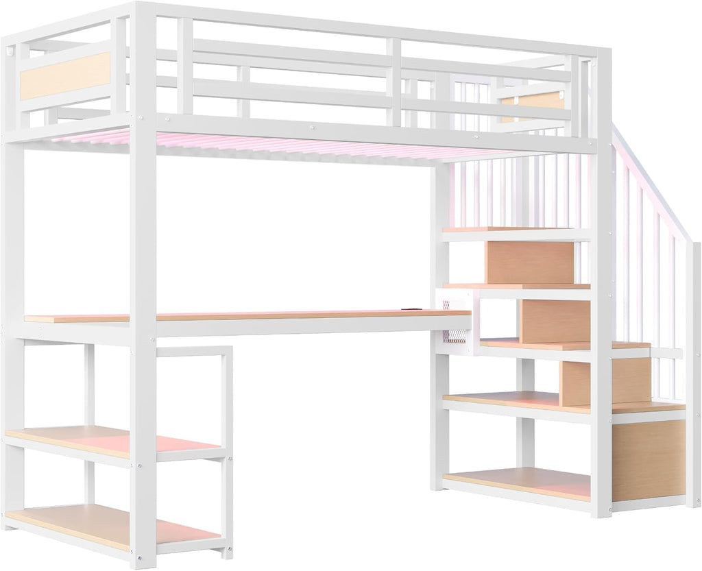 Cama alta de metal Kebnor con escalera de almacenamiento con estantes y mesa, diseño de valla de seguridad con tablones de metal empalmados, cama con estructura de hierro alta con marco de metal para mayor estabilidad (Blanco 90 * 200 cm)
