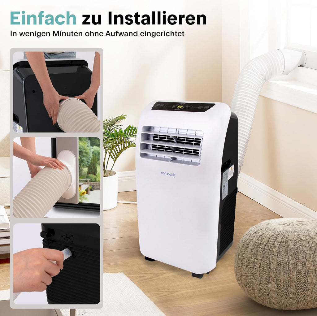 SereneLife Klimaanlage mobil 4-in-1: Luftkühler, Ventilator, Luftentfeuchter + Heizung – Tragbares Klimagerät mit Abluftschlauch, Fernbedienung & Kit für Räume bis 42 m² – Fenster-Montage 9,000 BTU