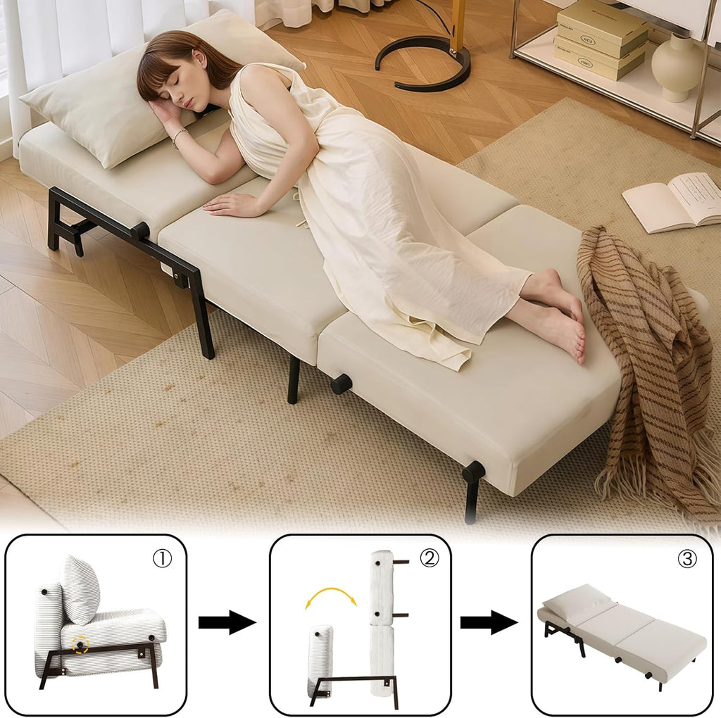 Sofá cama plegable, sillón cama 2 en 1 con función de cama, sofá cama de pana con cojín, cama de invitados, 190 cm × 120 cm para sala de estar/dormitorio/cine en casa/habitación de invitados, blanco, 120 cm