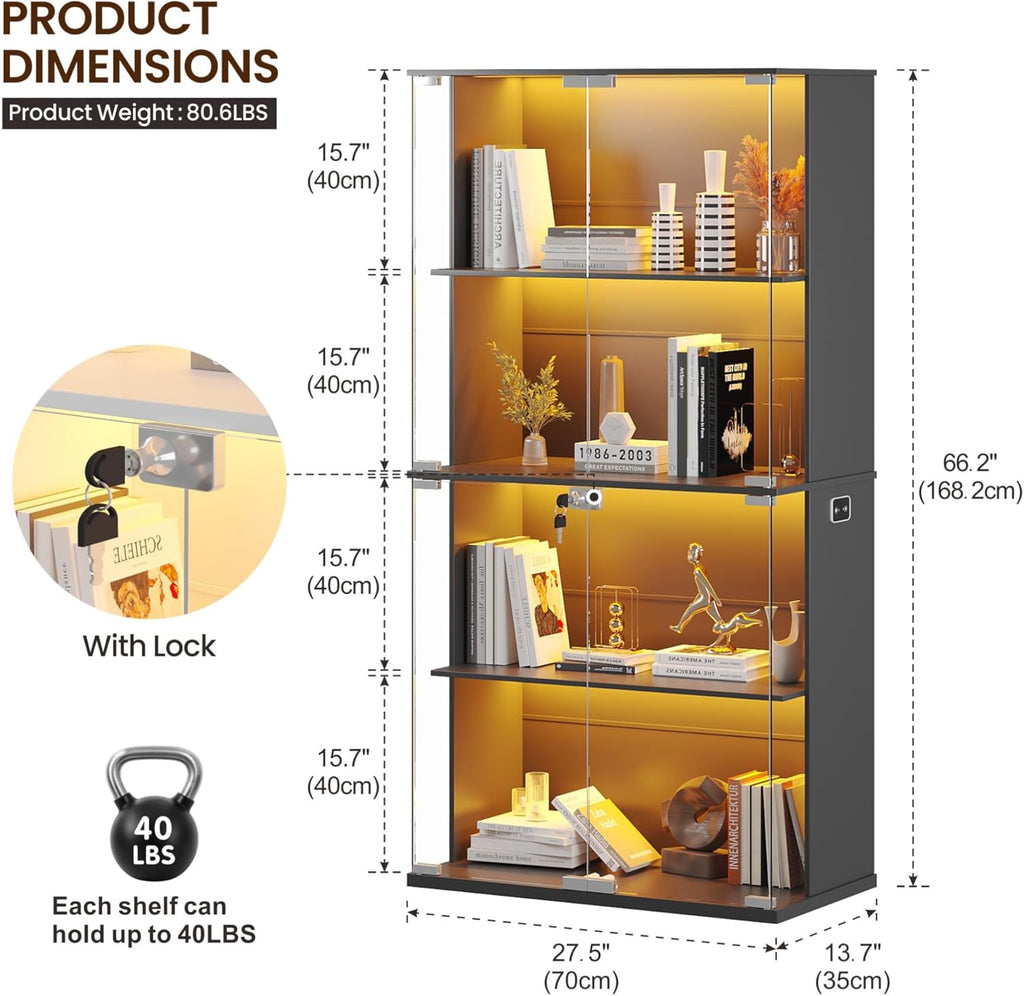 Vitrina Lvifur con iluminación LED y puertas de cristal para coleccionables, vino, 35×70×168 cm, vitrina de cristal de 4 niveles, mueble vitrina con sensores inteligentes para sala de estar y dormitorio, negro