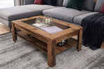 byLIVING Couchtisch Ralph/Eiche-Altholz-Optik dunkel-braun/Sofatisch mit Glaseinlage und großzügiger Schublade in braun/Beistelltisch mit viel Stauraum/B 110, H 43, T 67 cm