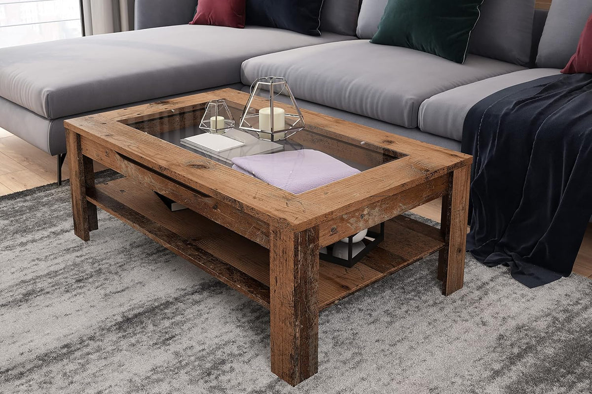 byLIVING Couchtisch Ralph/Eiche-Altholz-Optik dunkel-braun/Sofatisch mit Glaseinlage und großzügiger Schublade in braun/Beistelltisch mit viel Stauraum/B 110, H 43, T 67 cm
