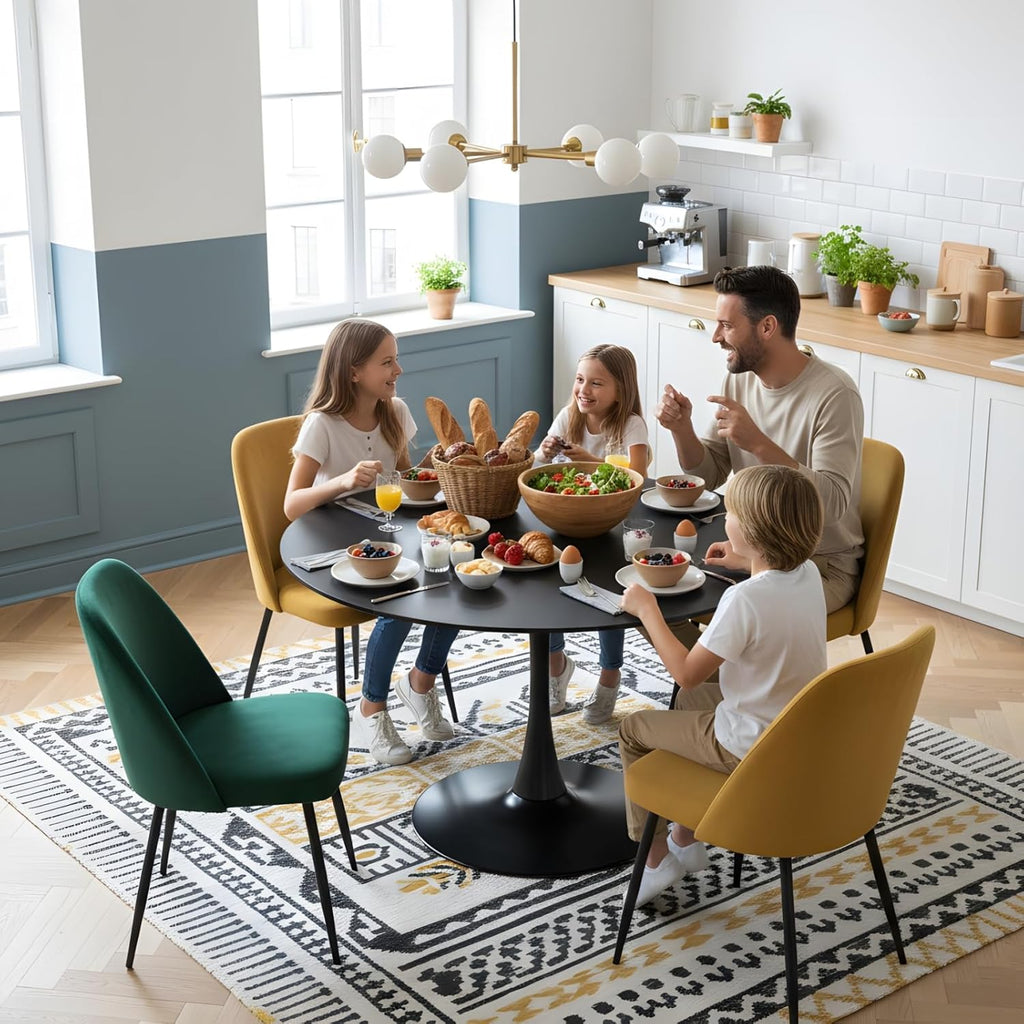 Mesa de comedor redonda de 110 cm, mesa de comedor redonda moderna negra, mesa de cocina para 4-6 personas, mesa de comedor de madera con estructura de metal, mesa redonda para cocina, comedor, salón y balcón, negro