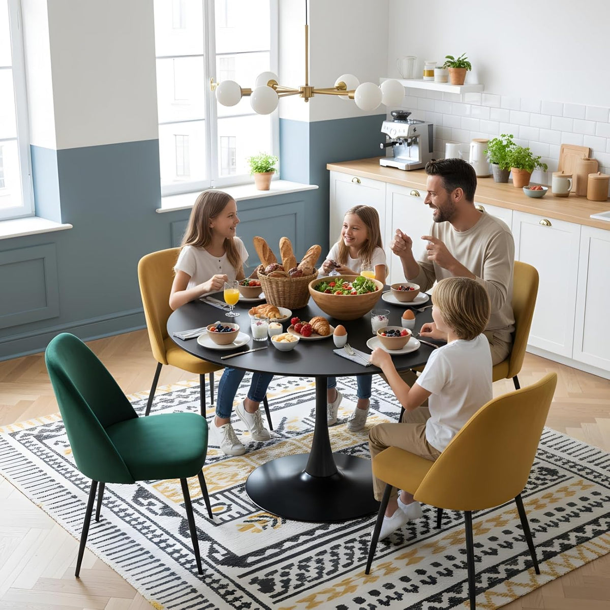 Mesa de comedor redonda de 110 cm, mesa de comedor redonda moderna negra, mesa de cocina para 4-6 personas, mesa de comedor de madera con estructura de metal, mesa redonda para cocina, comedor, salón y balcón, negro