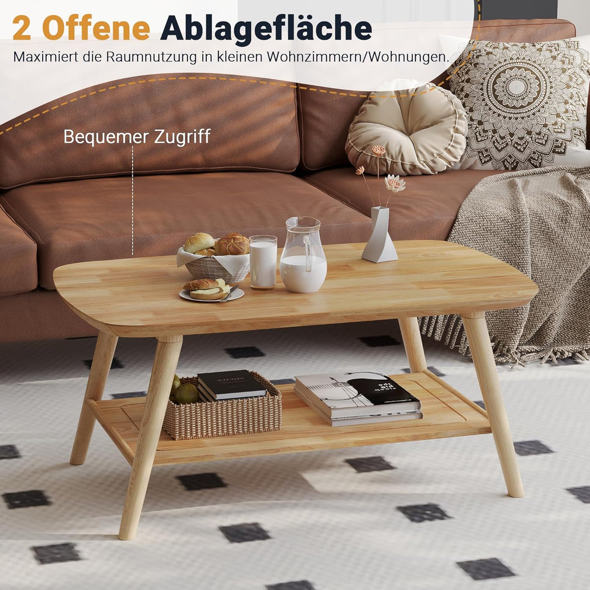 ZKIODV Mesa de centro de madera con 2 estantes, mesa de salón ovalada de madera maciza, mesa de madera con espacio de almacenamiento para sala de estar, mesa de sofá mesa auxiliar de 100x60x45 cm, acabado al aceite natural, mesa de centro de madera maciza
