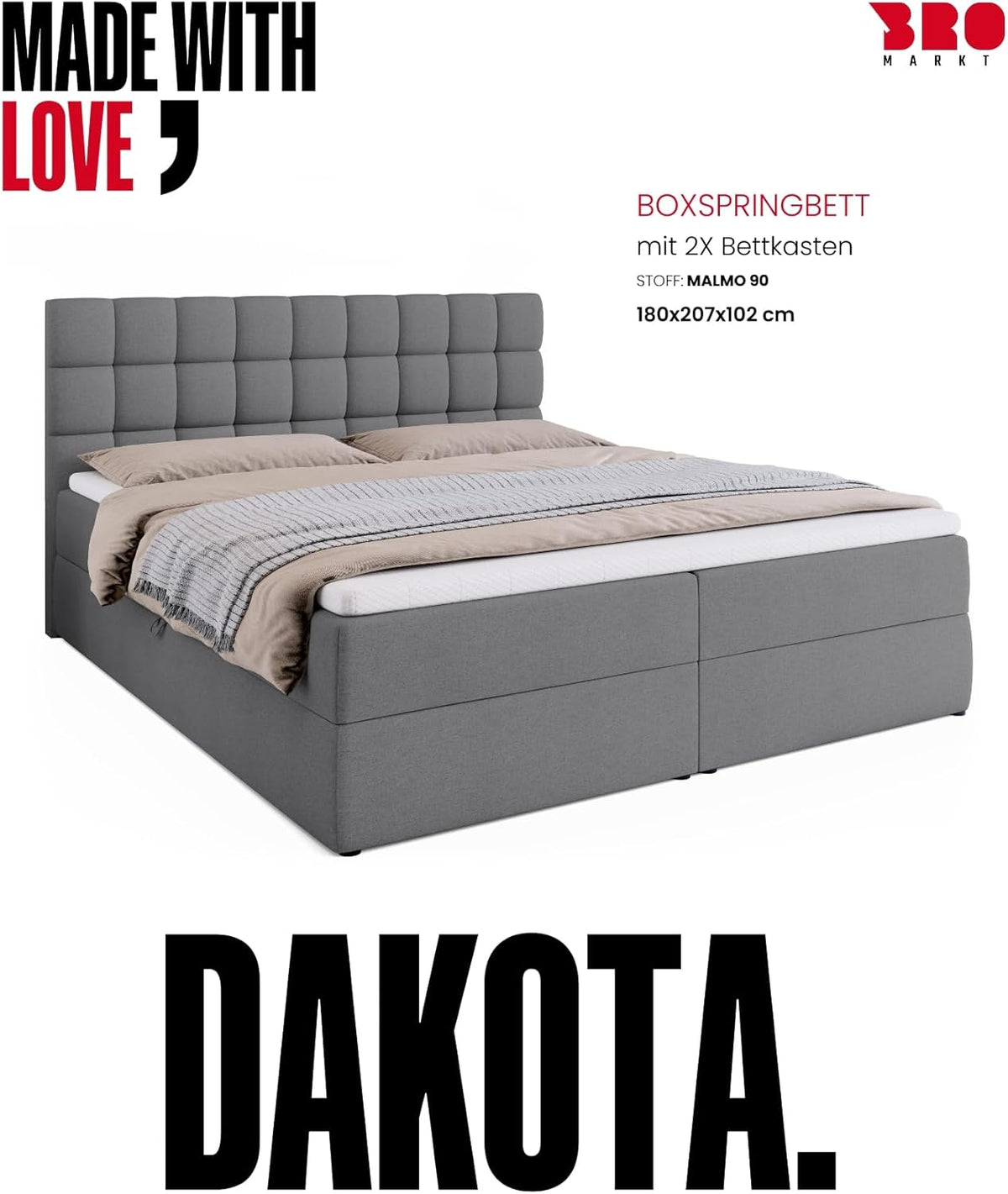 Cama boxspring BROMARKT con arcón, cama tapizada con colchón Bonell y topper, cama para dormitorio con cabecero acolchado Dakota, muelles Bonell, 180x200, grado de firmeza H3, gris Malmo