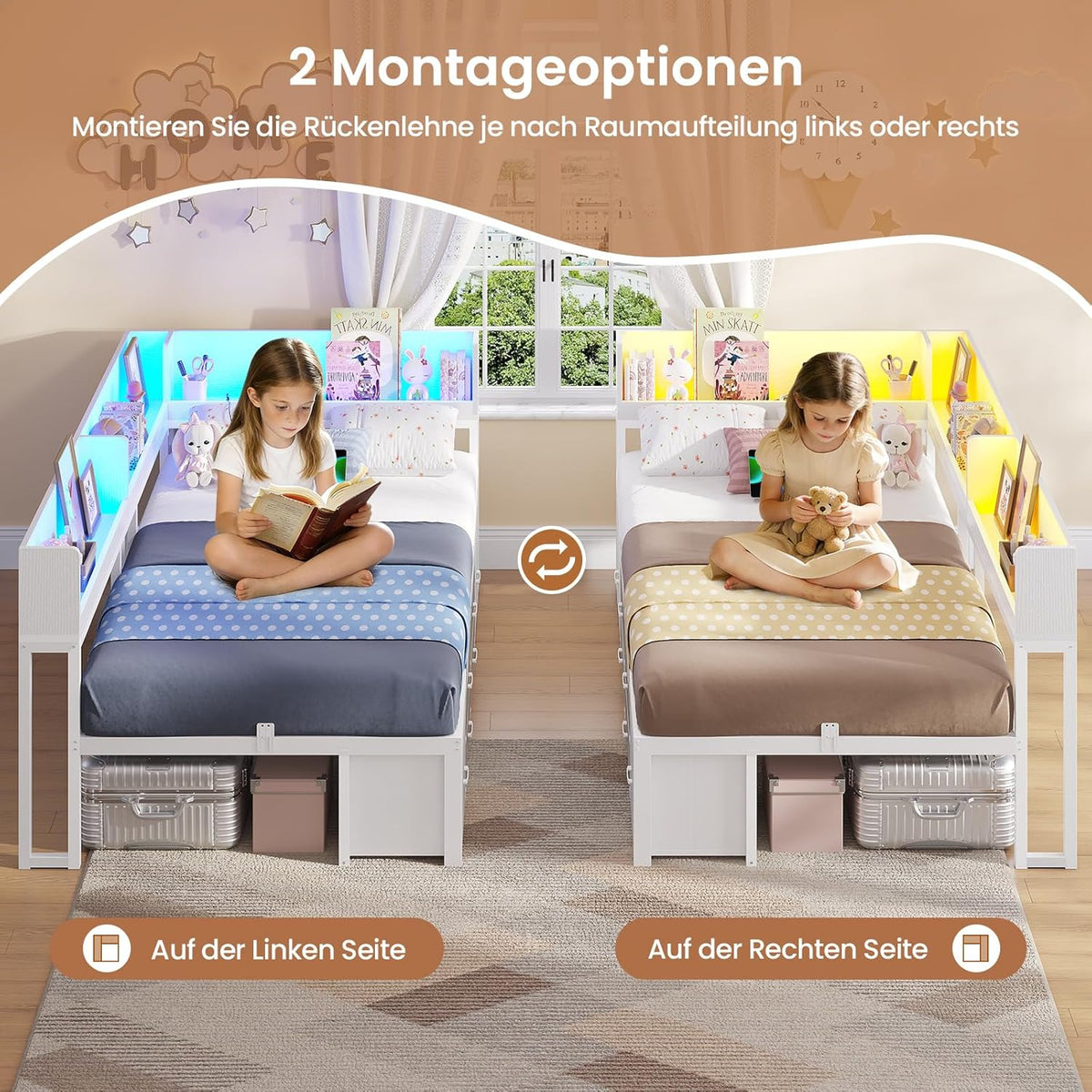 AOGLLATI Bett 90x200 mit Stauraum Schlafsofa mit Integriertem Bücherregal & 6 Schubladen,Jugendbett mit LED-Beleuchtung & Ladestation Gästebett Tagesbett Bettgestell mit Lattenrost(Weiß, 90x200cm)