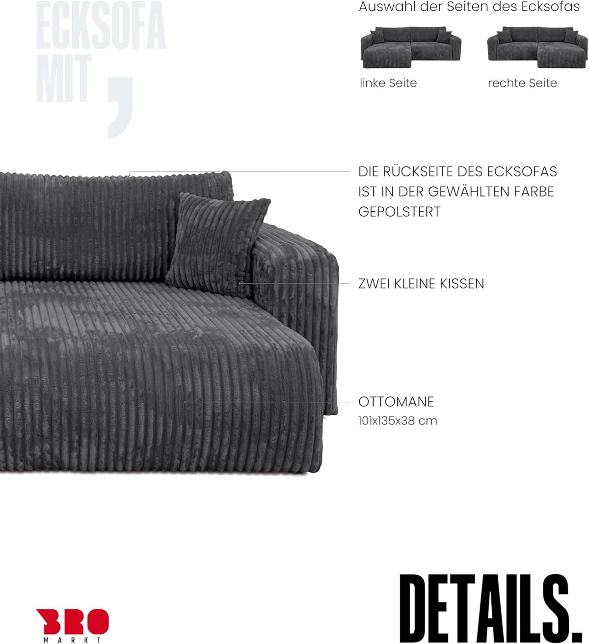 Sofá esquinero BROMARKT con función cama gris oscuro, sofá en forma de L de tela de pana con arcón, sofá cama para salón con espacio de almacenamiento, sofá esquinero de 3 plazas, conjunto de salón 244x148x82 cm TILIO