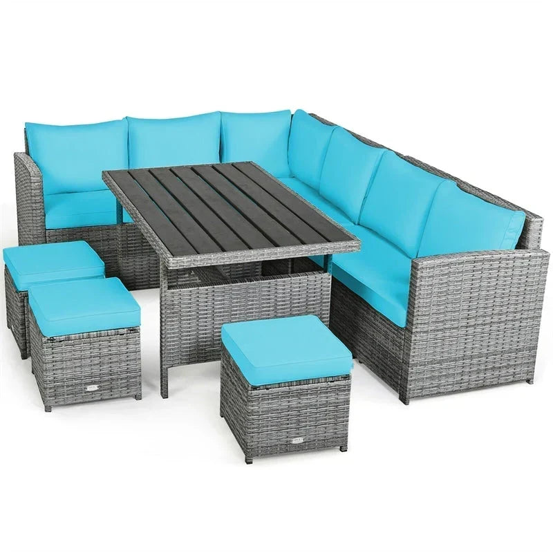 Conjunto de muebles de comedor para patio de 7 piezas de ratán con sofá seccional, mesa de comedor, otomanas y cojines