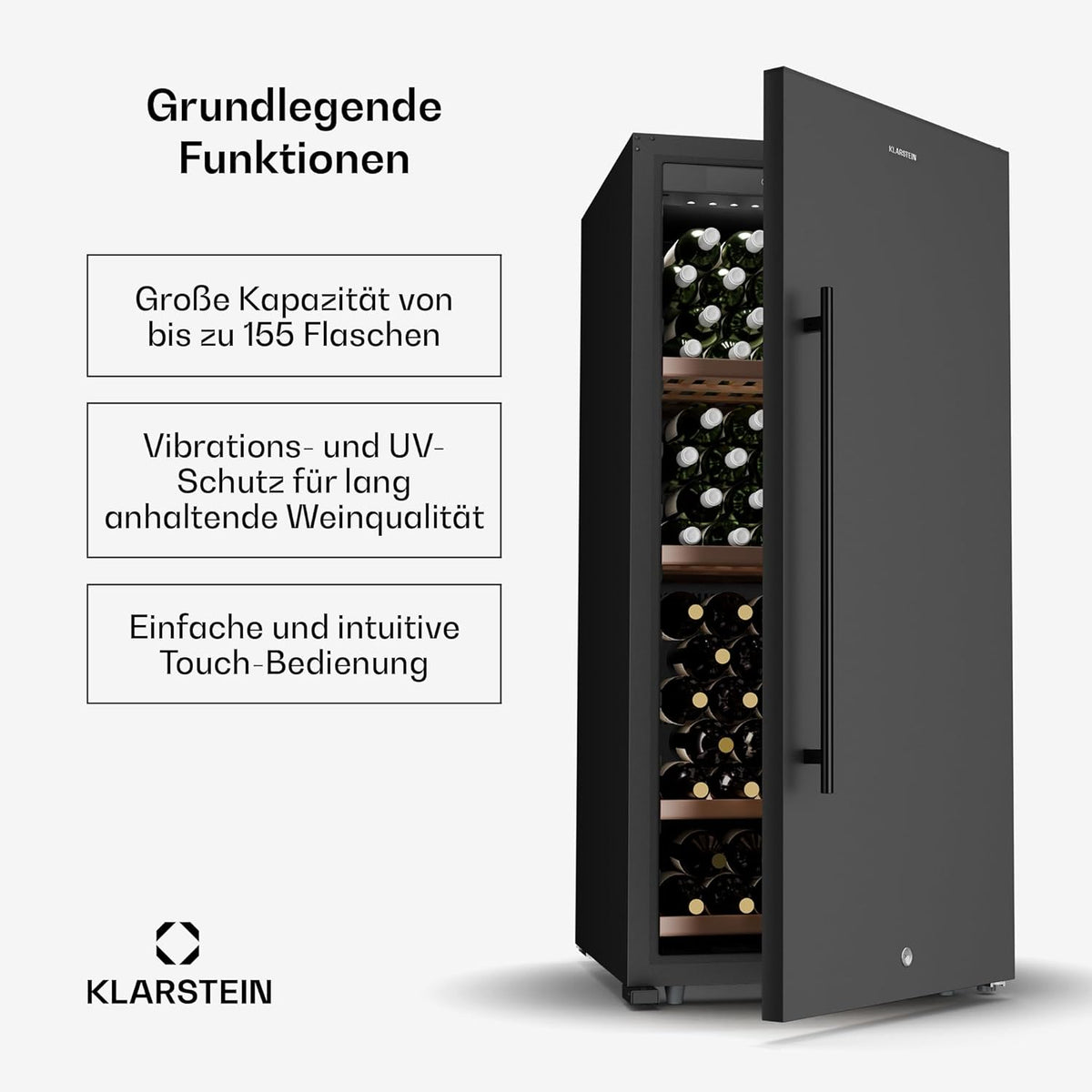 Nevera para vinos Klarstein CellarMax de libre instalación - 155 botellas, 5-20 °C, control táctil, puerta de metal, estantes de madera, alarma, clase energética E, vinoteca grande