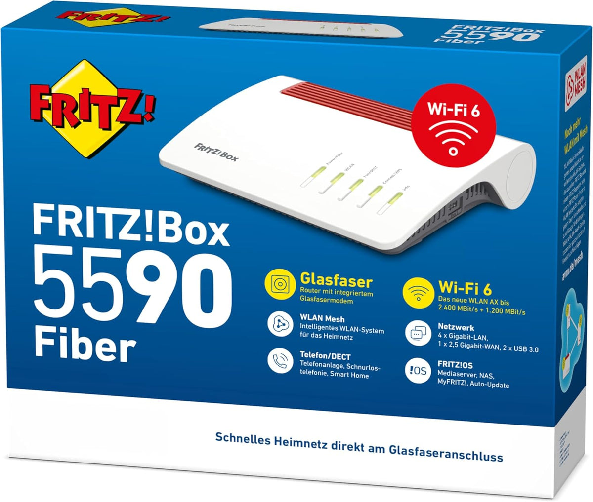 FRITZ!Box 5590 Fiber | Router para conexión de fibra óptica (Wi-Fi 6, hasta 2400 Mbps (5 GHz) y 1200 Mbps (2,4 GHz), WLAN Mesh, base DECT, puerto LAN de 2,5 gigabits, apto para Alemania)