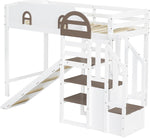 Kinderbett Etagenbett 90x200,Hausbett Hochbett mit Rutsche&Regal&Stauraum Treppe,Bettgestell mit Rausfallschutz&Lattenrost, Funktionsbett Stockbett Spielbett Jugendbett,Kiefernholz,Ohne Matratze,Weiß
