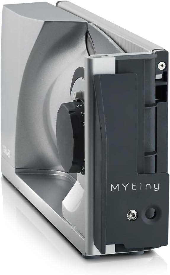 GRAEF. MYtiny MT1000 - Klappbarer Allesschneider, Made in Germany, Vollmetall, Wellenschliffmesser 170 mm, Schnittstärke 0-15 mm, Energiesparmotor 170 W, Brotschneidemaschine klappbar, Kompakt, Silber