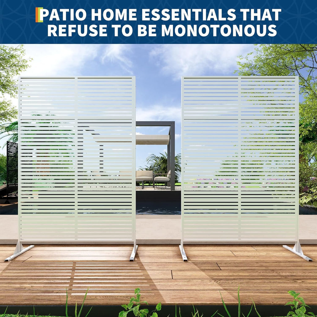 Set de 2 paneles de privacidad de metal, biombo independiente de 180x120 cm, separador de ambientes resistente a la intemperie para jardín, terraza, balcón y decoración exterior, con soporte, acero galvanizado, rayas horizontales blancas