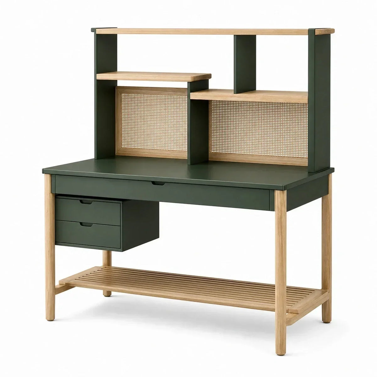 Escritorio de MDF y madera de roble con parte trasera de ratán, verde oscuro, 120 cm