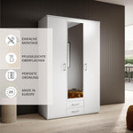 Stella Trading KARL Armario elegante de 3 puertas con gran espacio de almacenamiento - Armario versátil de puertas batientes en color blanco con puerta de espejo - 120 x 195 x 55 cm (ancho/alto/fondo)