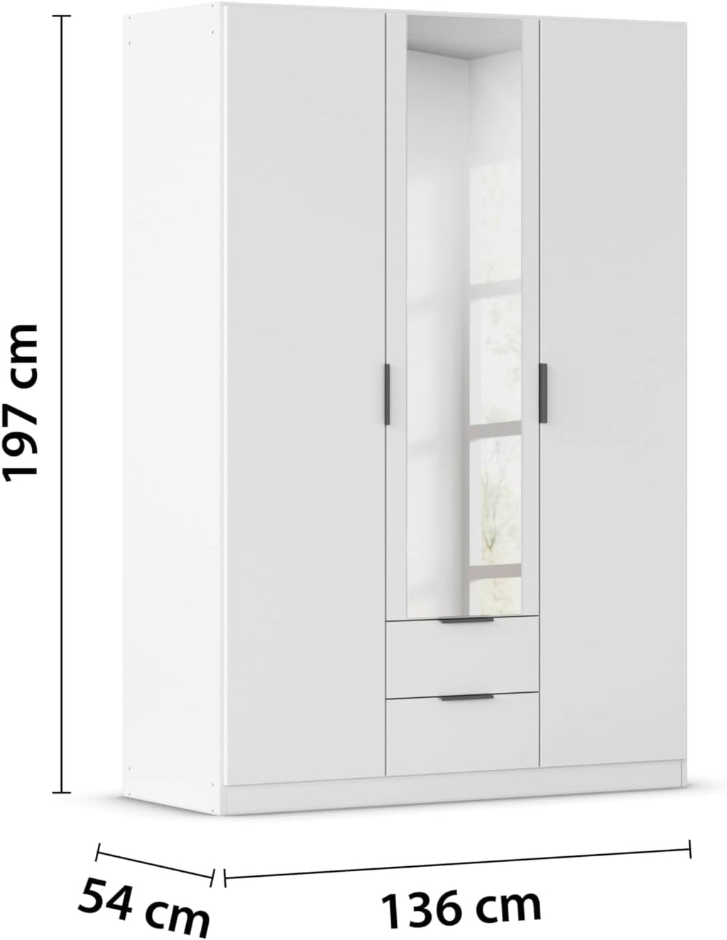 Rauch Möbel Lagoa, Kleiderschrank, Garderobe für Schlafzimmer, Kinderzimmer, Jugendzimmer 3-türig mit Spiegel, 2 Schubladen, mit Zubehör Basic, Farbe Weiß, Breite 136 cm