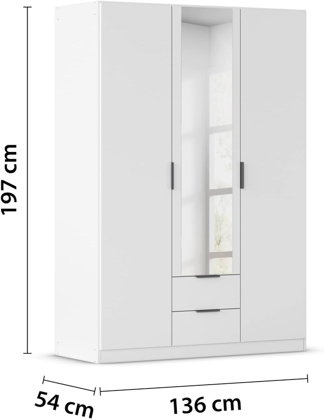 Rauch Möbel Lagoa, Kleiderschrank, Garderobe für Schlafzimmer, Kinderzimmer, Jugendzimmer 3-türig mit Spiegel, 2 Schubladen, mit Zubehör Basic, Farbe Weiß, Breite 136 cm