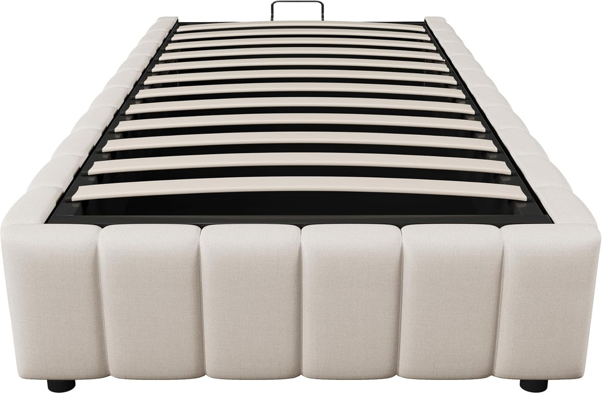 Cama tapizada 90x200, cama individual con espacio de almacenamiento y somier, sin cabecero, marco de cama con arcón hidráulico, cama con almacenaje hidráulico, estructura de cama, cama juvenil, lino, sin colchón, beige