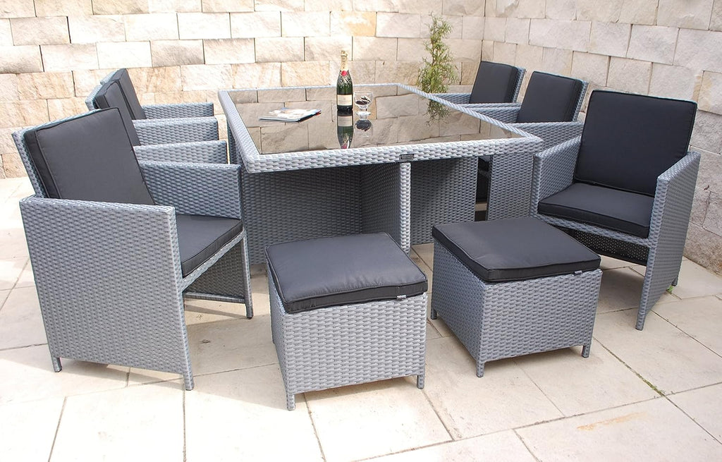 Ragnarök-Möbeldesign Heimdall Premium PolyRattan - Deutscher Hersteller - 8 Jahre GARANTIE - Aluminium Gartenmöbel Essgruppe Tisch Stuhl Hocker Platinum Grau Rostfrei Sitzgruppe